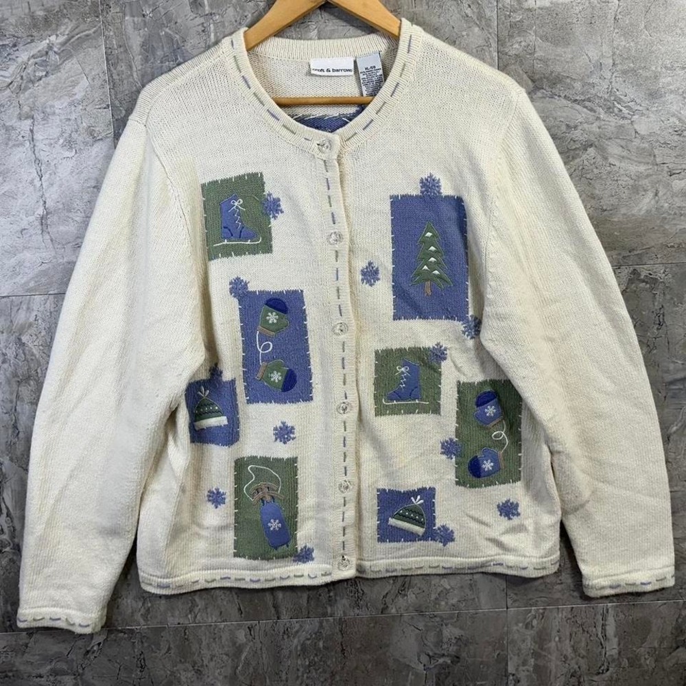 Croft & Barrow Cream Cardigan with Blue and Green Accents